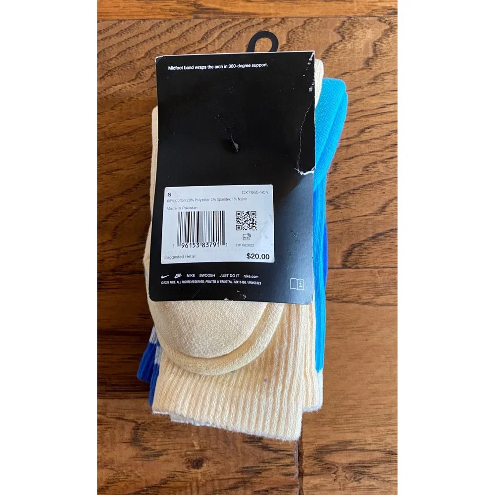 Nike Everyday Plus Cushioned Crew Socks 3-Pack Blue Cream DX7665-904 Youth 3Y-5Y